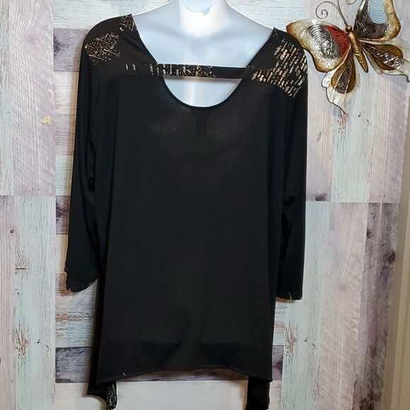Catherines Sz 3X Black Tan Splotches Sharkbite Hem Blouse Plus Casual 624 - Picture 6 of 7